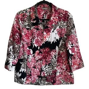 Chico’s Full Zip Jacket Sz L Lightweight Floral Black Pink Pockets Cottagecore